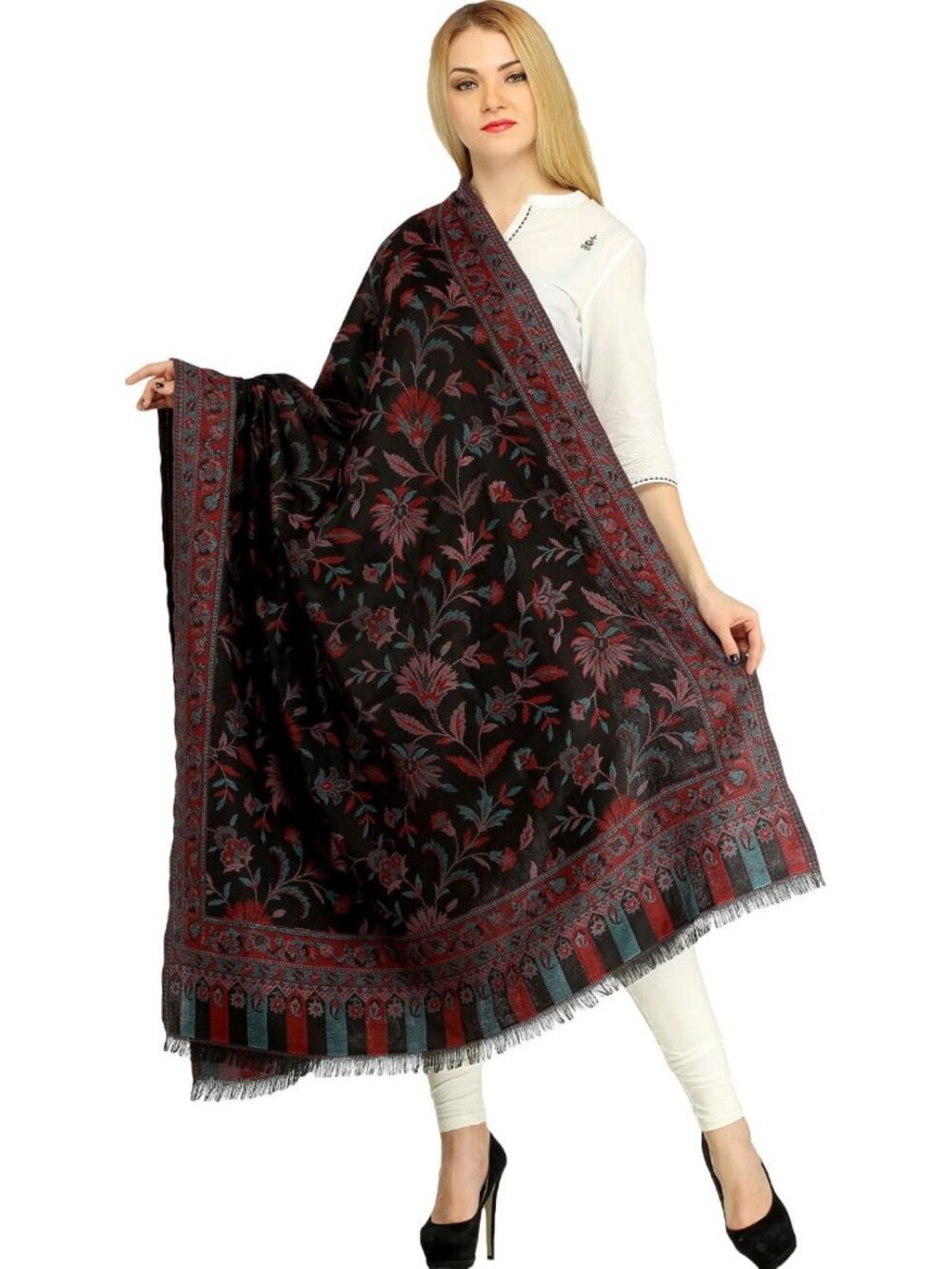 Reversible Jamawar Wool Shawl - Ethnic Floral Wrap for All Occasions